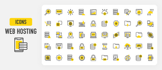 Web hosting icons. Cloud Database, Padlock, Coding, Server, Responsive Design, Zip File, Backup, Worldwide, Control Panel, Online Server, Cyber Security vector stroke illustration.	
