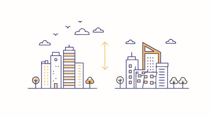 Illustration of two cityscapes facing each other with an arrow between them and clouds in the sky above