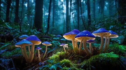 Illuminated mushrooms create a magical ambiance in the deep woods