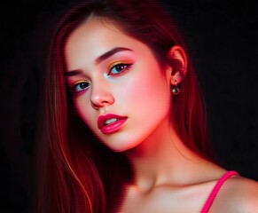 Fototapeta premium Portrait of a young woman with red hair and bright makeup against a dark background with glitch effect