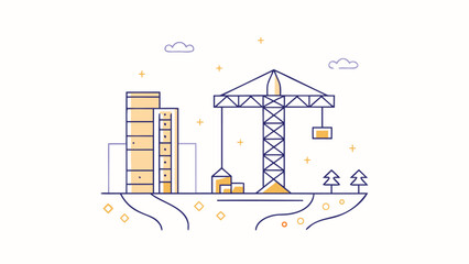 Illustration of a construction site with a crane buildings and trees on a small land mass with clouds
