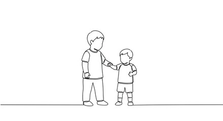 Child helping younger sibling in simple line art drawing  