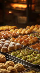Assorted pastries with nuts and glazed toppings in a bakery display