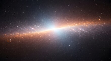 Wide shot of space nebula with orange glow, bright white light