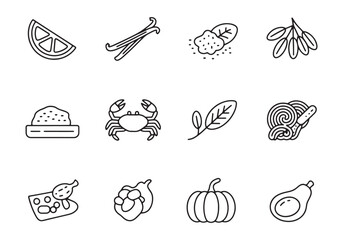 Twelve black and white line art icons of food and ingredients vector