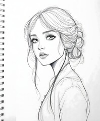Sketch of a woman with detailed hair and jewelry on a spiral notebook with a white background