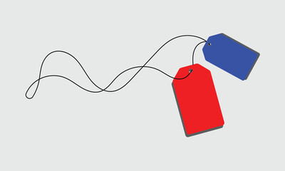 White rectangular tag with rounded corners hanging from a string with a bow on a soft background