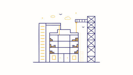 Illustration of a building under construction with a crane, birds, and clouds in a minimalist style