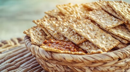 Obraz premium Crunchy Snack Crackers in a Woven Basket with Savory Dip