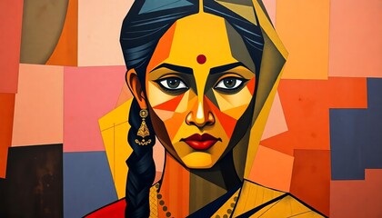 Stylized portrait of a woman with a bindi and traditional jewelry against a geometric background