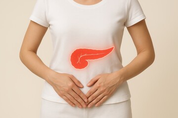 Human Body with Pancreas Illustration: A person's torso prominently displaying a medical illustration of the pancreas, highlighting the core of health and wellness. 