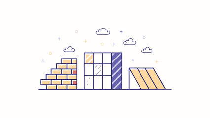 Illustration showing a brick wall, a window, a striped wall, and a ramp under a cloudy sky scene