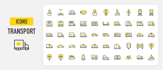 Transport icons. Traffic Sign, Hot Air Balloon, Truck, Boat, Bus, Subway, Zeppelin, Stop Sign, Parking Sign, Ship, Traffic Lights, Water Tank, Airplane vector stroke illustration.   © Picvault
