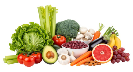 Illustration of a vibrant assortment of fresh vegetables and fruits is artfully