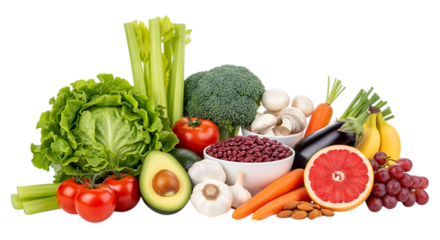 Illustration of a vibrant assortment of fresh vegetables and fruits is artfully