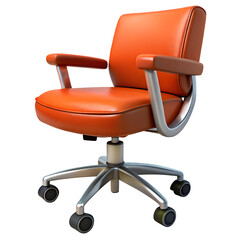 Orange Leather Retro Desk Chair with Armrests and Swivel Wheels on transparent background