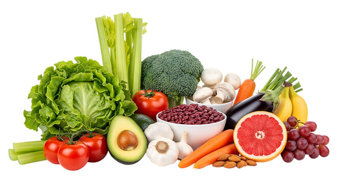 Illustration of a vibrant assortment of fresh vegetables and fruits is artfully