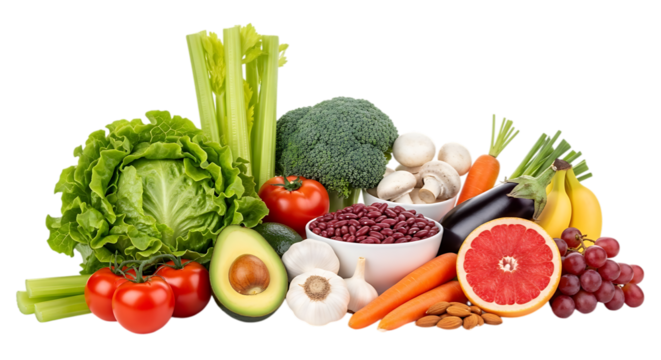 Illustration of a vibrant assortment of fresh vegetables and fruits is artfully