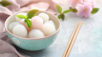 Delicate Dessert Bowl with Colorful Mochi and Fresh Mint Leaves