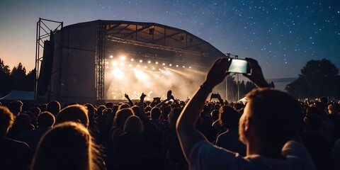 A vibrant concert scene with a crowd enjoying the music under the starry night sky