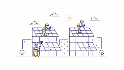 Illustration of construction workers installing solar panels on buildings under a sunny sky with clouds