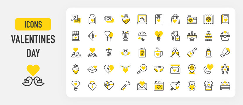 Valentine's Day icons. Broken Heart, Email, Alarm Clock, Perfume, Search, Candle, Shopping Bag, Saint Valentine, Kiss, Heart, Bouquet, Rose, Hotel Key, Light vector stroke illustration.	