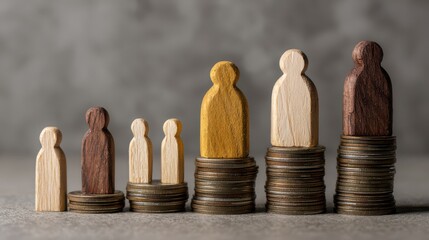 Wooden figures of people standing on stacks of coins, representing the concept of social status