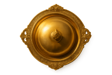 Golden tray with vintage ornate dome top view on transparent background