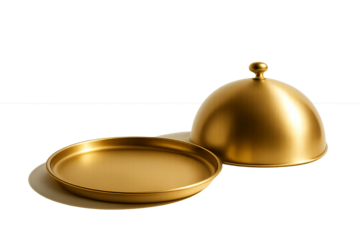 Golden tray with closed matte dome on transparent background