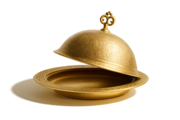 Golden tray with open embossed dome on transparent background