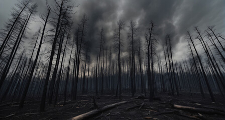 charred forest with barren trees under ominous sky