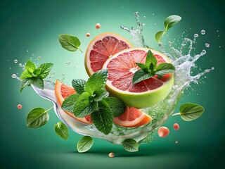 A vibrant grapefruit explosion with mint leaves and water splashes