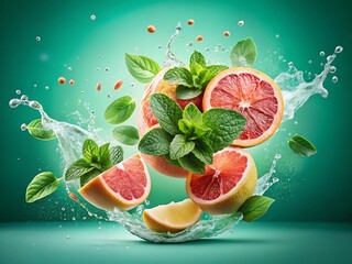 A refreshing grapefruit and mint arrangement with a dynamic water splash