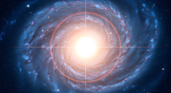 Vibrant Spiral Galaxy with Bright Luminous Core and Sparkling Star Clusters in Deep Space. Cosmic Celestial Body Twirling Through the Universe.