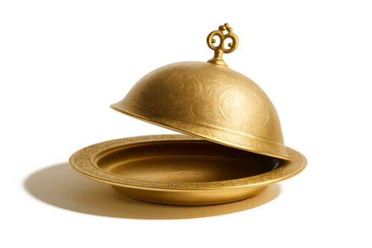 Golden tray with open embossed dome on transparent background