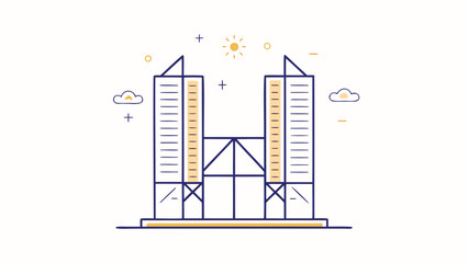 Illustration of two symmetrical buildings connected by a bridge under a shining sun and clouds
