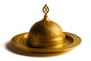 Golden tray with ornate dome on transparent background