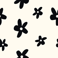 Floral seamless pattern print with flower. Black and white colors. Simple botanical flat vector illustration