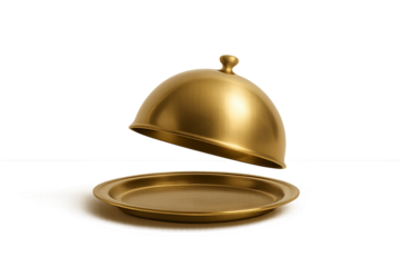 Floating golden tray with dome cover, transparent background