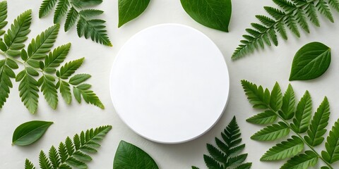 A blank white cosmetic container surrounded by green leaves and ferns