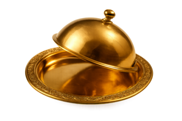 Golden tray with ornate dome cover, transparent background