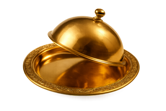 Golden tray with ornate dome cover, transparent background