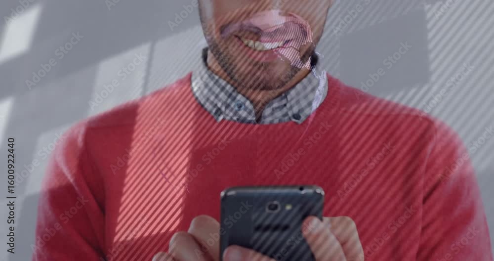 Poster Professional man tapping smartphone and swiping screen projecting map overlays during tech demo
