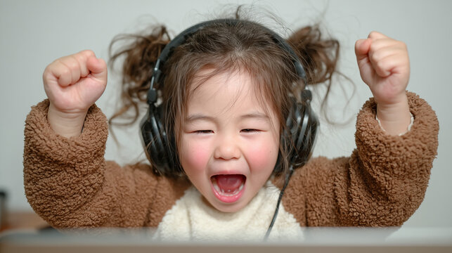 Cute little Asian girl wearing headphones studying online in front of computer, raising her hands high above her head in a happy gesture, in a fluffy brown shirt.