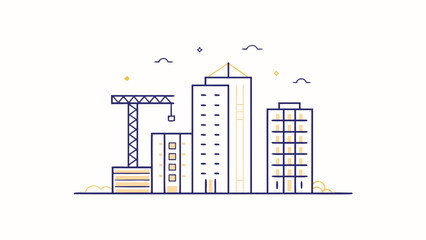 Illustration of a cityscape with buildings, a construction crane, and minimal decorative elements atop