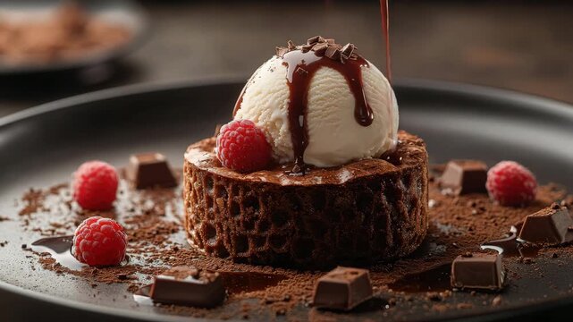 Delicious Chocolate Lava Cake with Vanilla Ice Cream and Fresh Raspberries on top dessert
