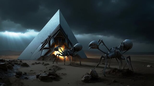 A large pyramid in the middle of a desert with a giant spider in front of it