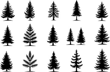 Obraz premium Tree Silhouette Collection – Pine, Fir & Deciduous Tree Icons vector bundle