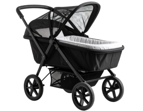  Modern Cat Stroller with Washable Cushion, Side View with Mesh Canopy Open, Isolated on Transparent Background