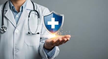 Healthcare Protection: Doctor Holding Digital Shield with Medical Cross Symbol - Conceptual Health and Wellness